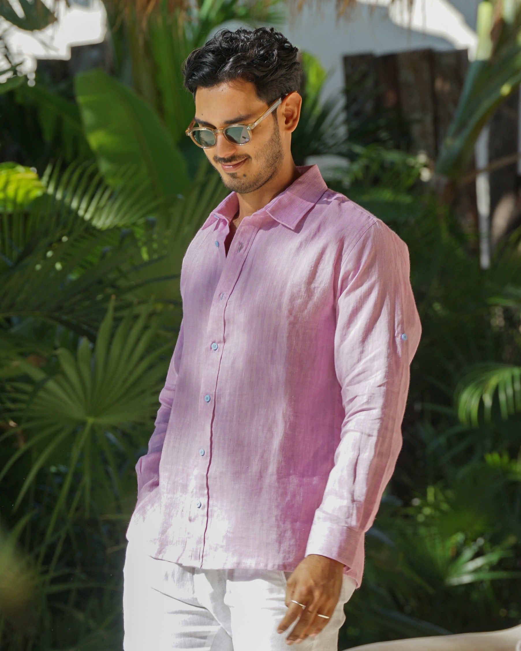 MALLORCA Linen Shirt - Dark Pink /Baby Blue - CRASQI