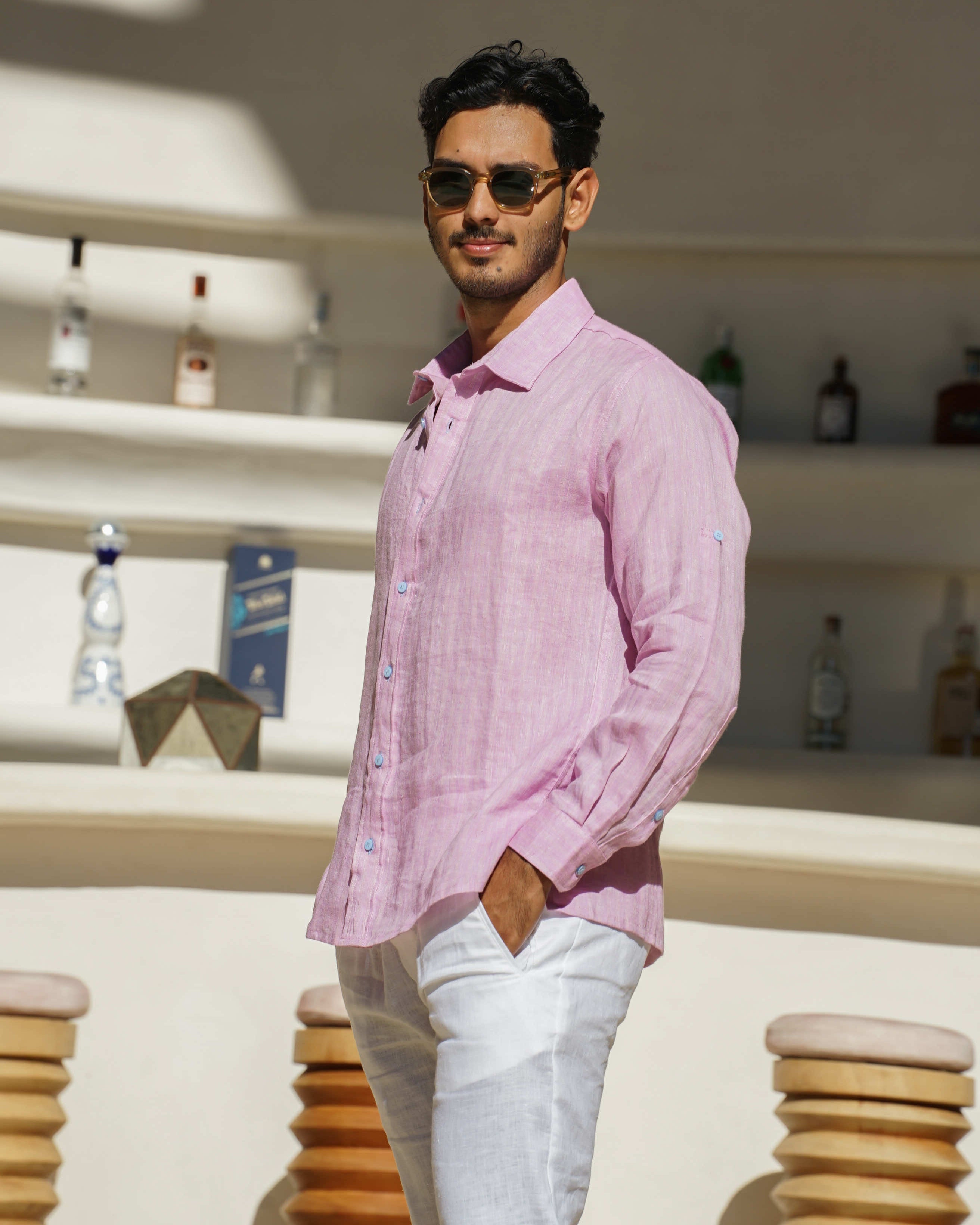 MALLORCA Linen Shirt - Dark Pink /Baby Blue - CRASQI