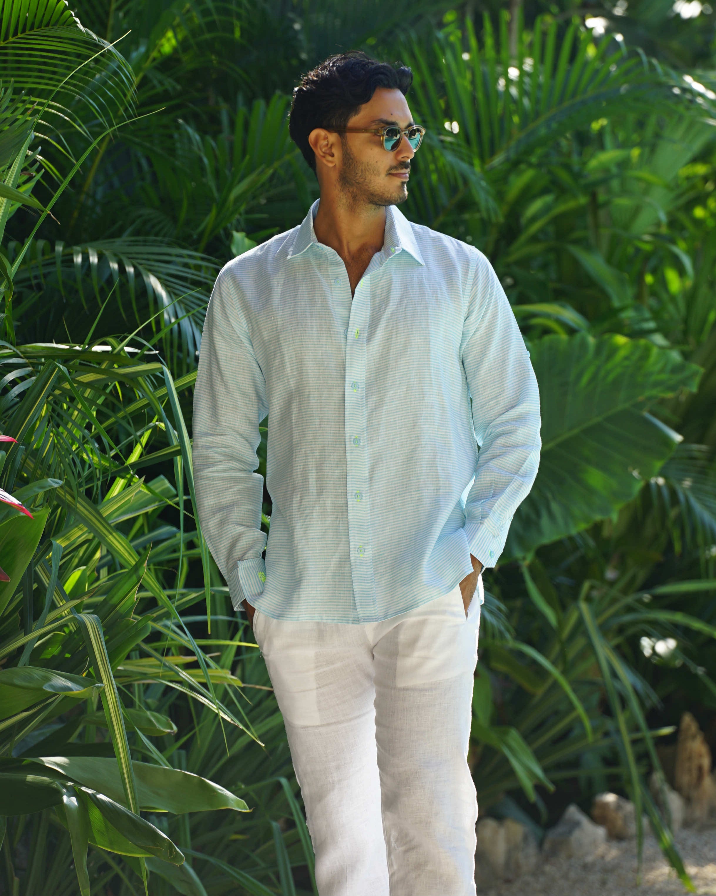 MALLORCA Linen Shirt - Turquoise Stripes/Neon Yellow - CRASQI
