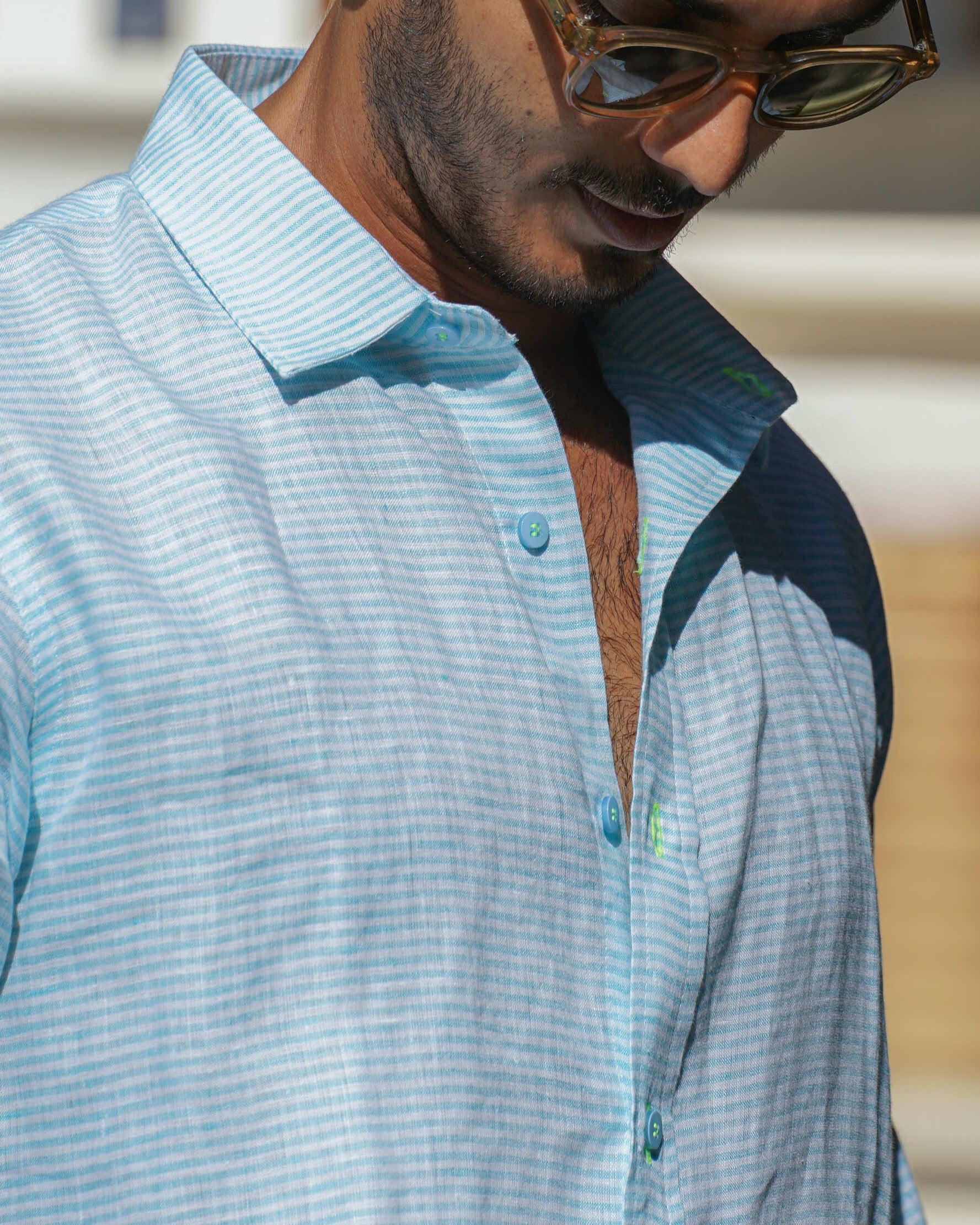 MALLORCA Linen Shirt - Turquoise Stripes/Neon Yellow - CRASQI