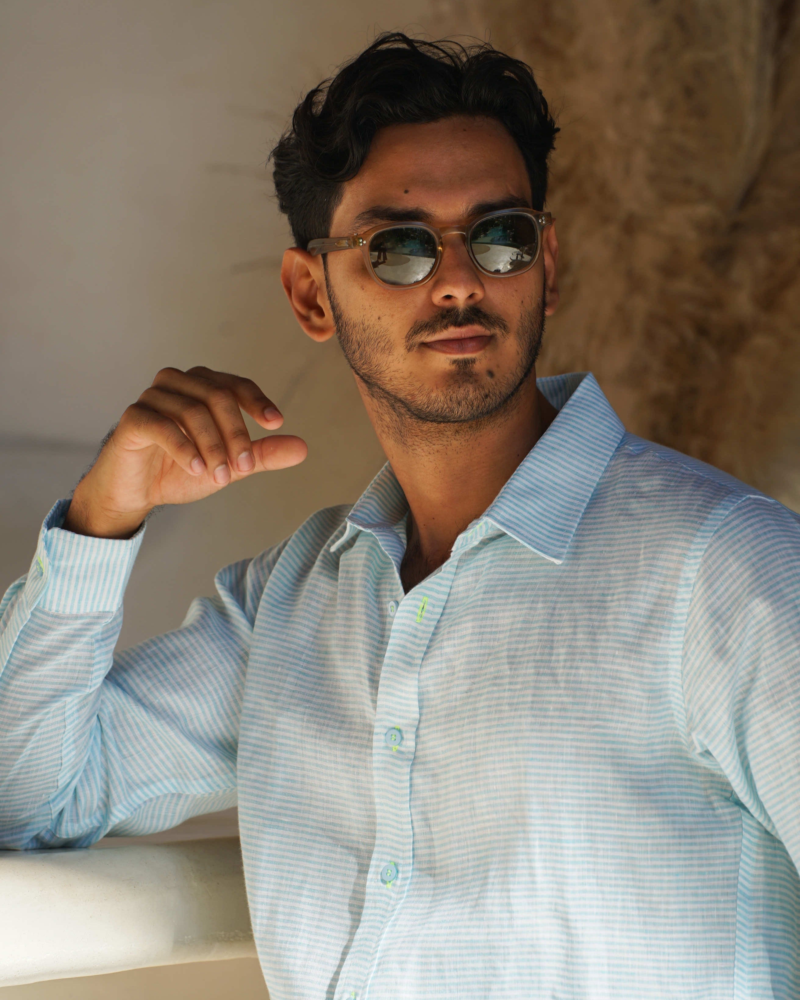 MALLORCA Linen Shirt - Turquoise Stripes/Neon Yellow - CRASQI