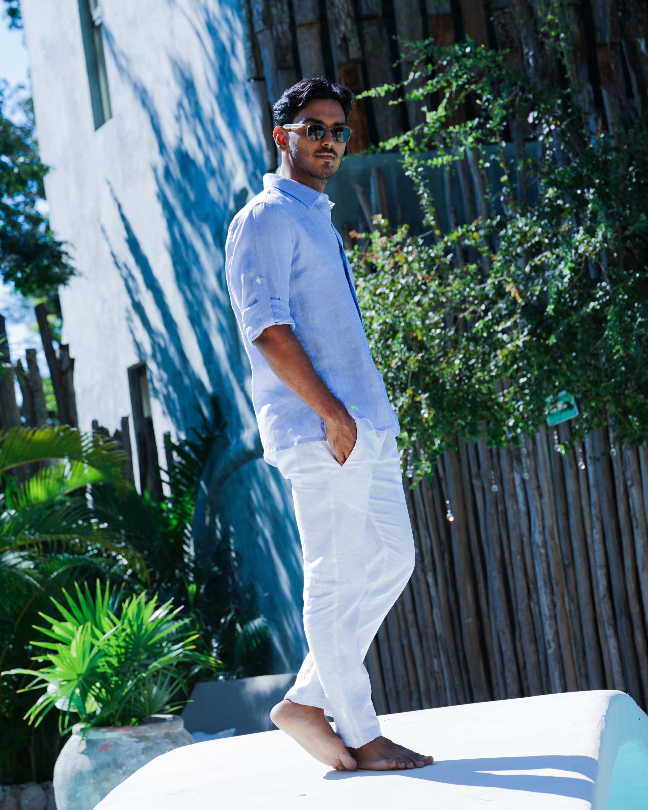 MALLORCA Linen Shirt - Azul Cielo/Neon Yellow - CRASQI