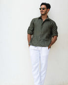 MALLORCA Linen Shirt - Dark Olive /Sage - CRASQI
