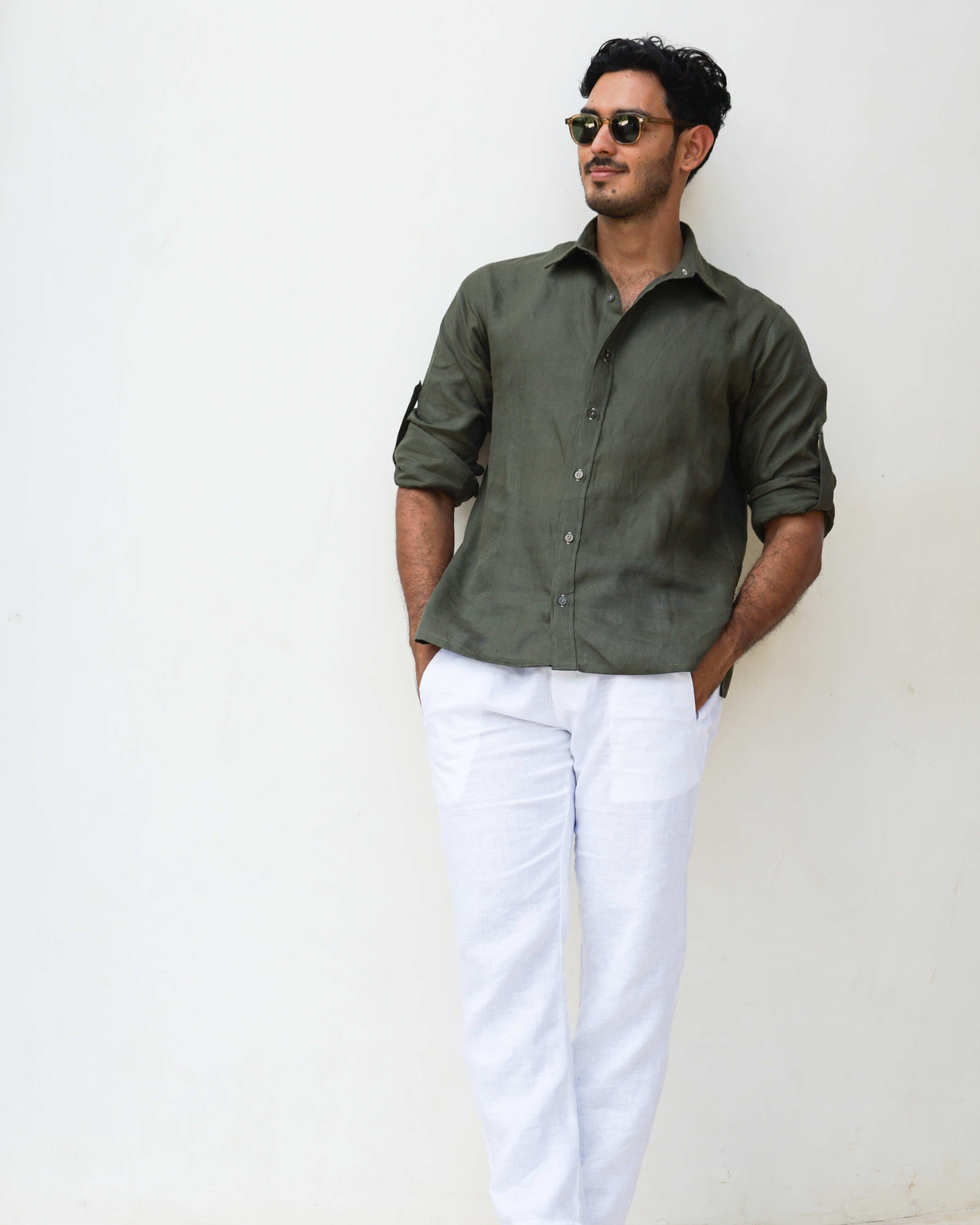 MALLORCA Linen Shirt - Dark Olive /Sage - CRASQI