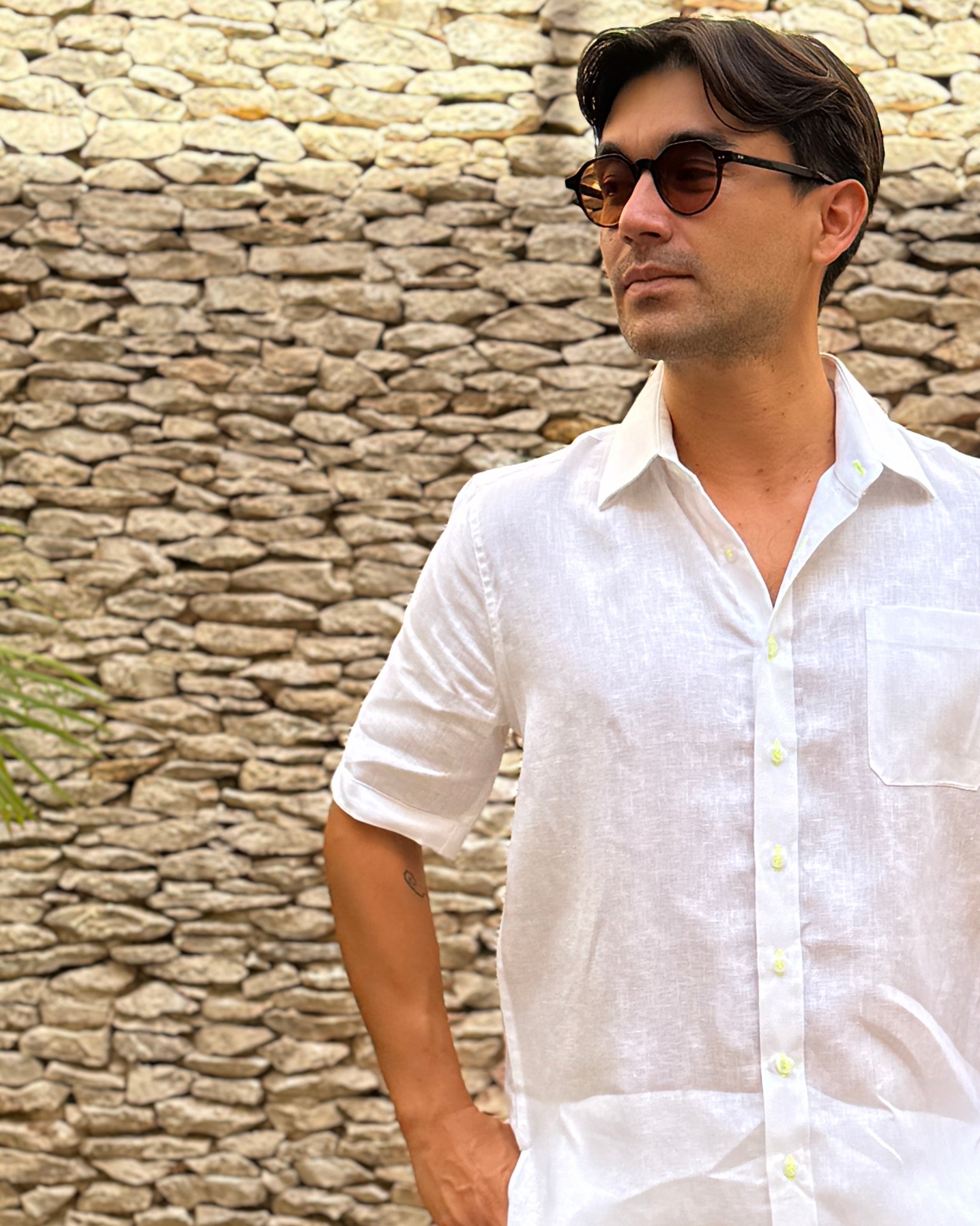 MARBELLA Linen Shirt - White/NEON YELLOW - CRASQI