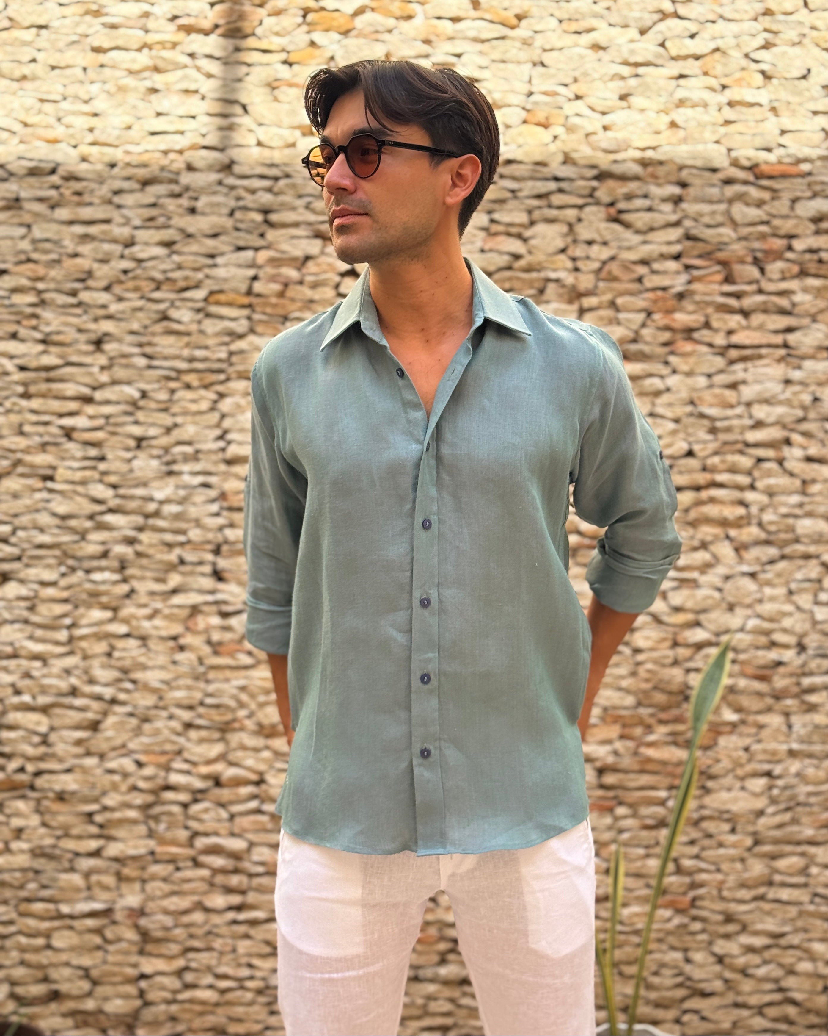 MALLORCA Linen Shirt - Dark Green/Light Blue/Navy - CRASQI