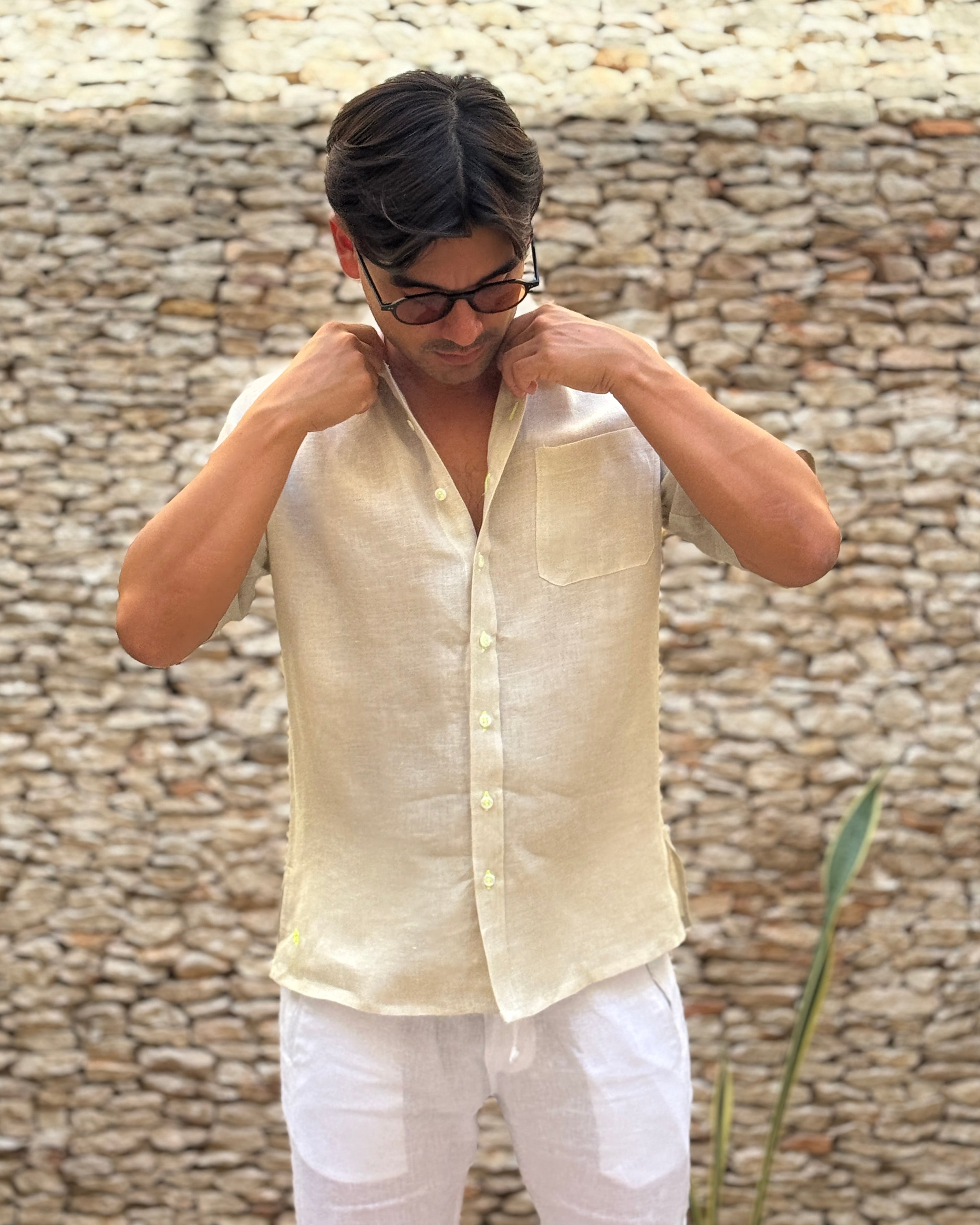 MARBELLA Linen Shirt - Sand/Neon Yellow - CRASQI