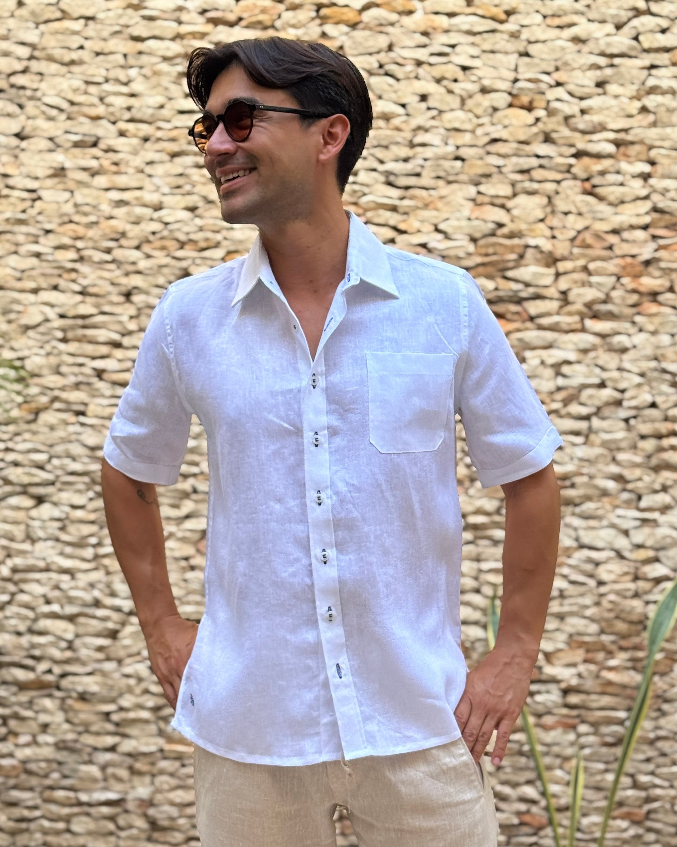 MARBELLA Linen Shirt - White/Royal Blue - CRASQI